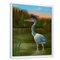 Сина Херон Волана птица на езерото Шор, врамена слика за сликање на платно, уметнички принт