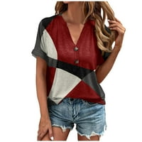 Блузи За Жени В - Вратот Печатени Блуза Краток Ракав Копче Црвено 2xl