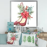 DesignArt „Црвени велур чевли со потпетици со Божиќни црвени цветни декор“ Традиционално врамен уметнички принт