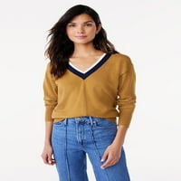Бесплатно склопување женски контраст v-врат џемпер со долги ракави, средна тежина, големини XS-XXL